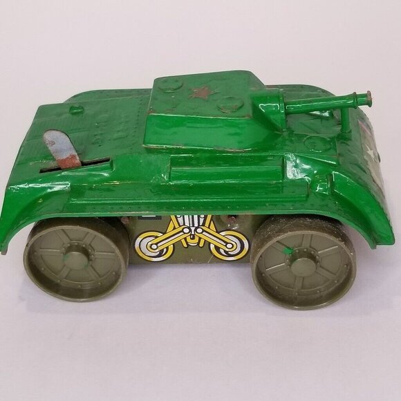 Vintage Marx Toys Wind Up Green Tin Tank Working Motor Original Key - Picture 3 of 8